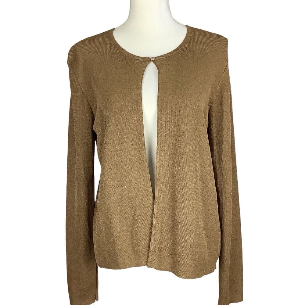 Ann Taylor One Button Cardigan Sweater Women's M Metallic Gold Tan Semi Open Fro